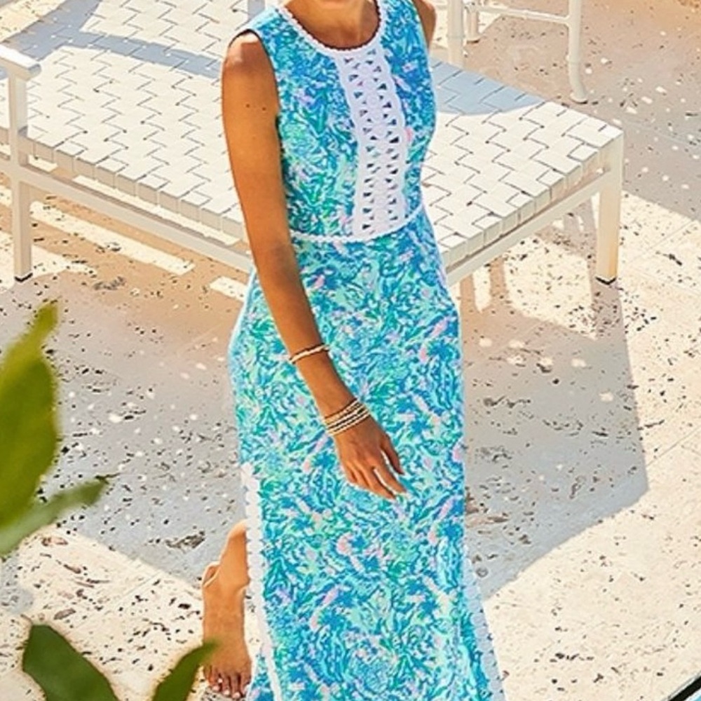 NWT LILLY PULITZER SIZE 12 ASHLER STRETCH MAXI DRESS *CORAL OF THE STORY* $298